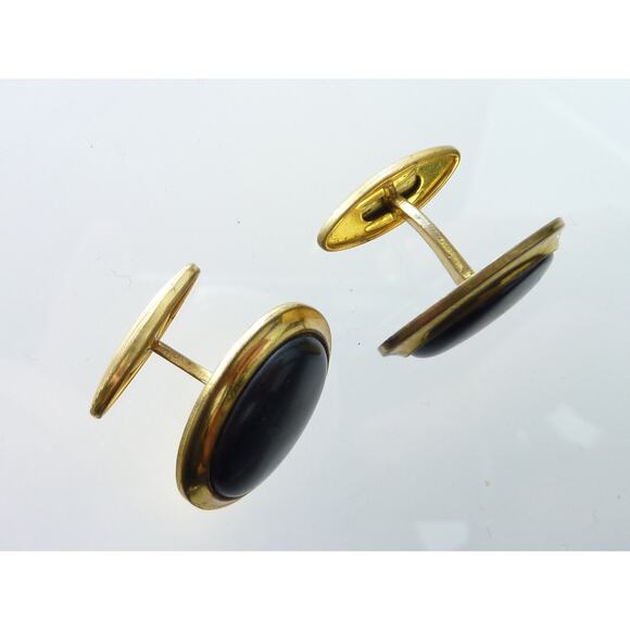 Vintage Black Gray Cats Eye Gold Tone Tuxedo Cufflinks - Picture 2 of 4